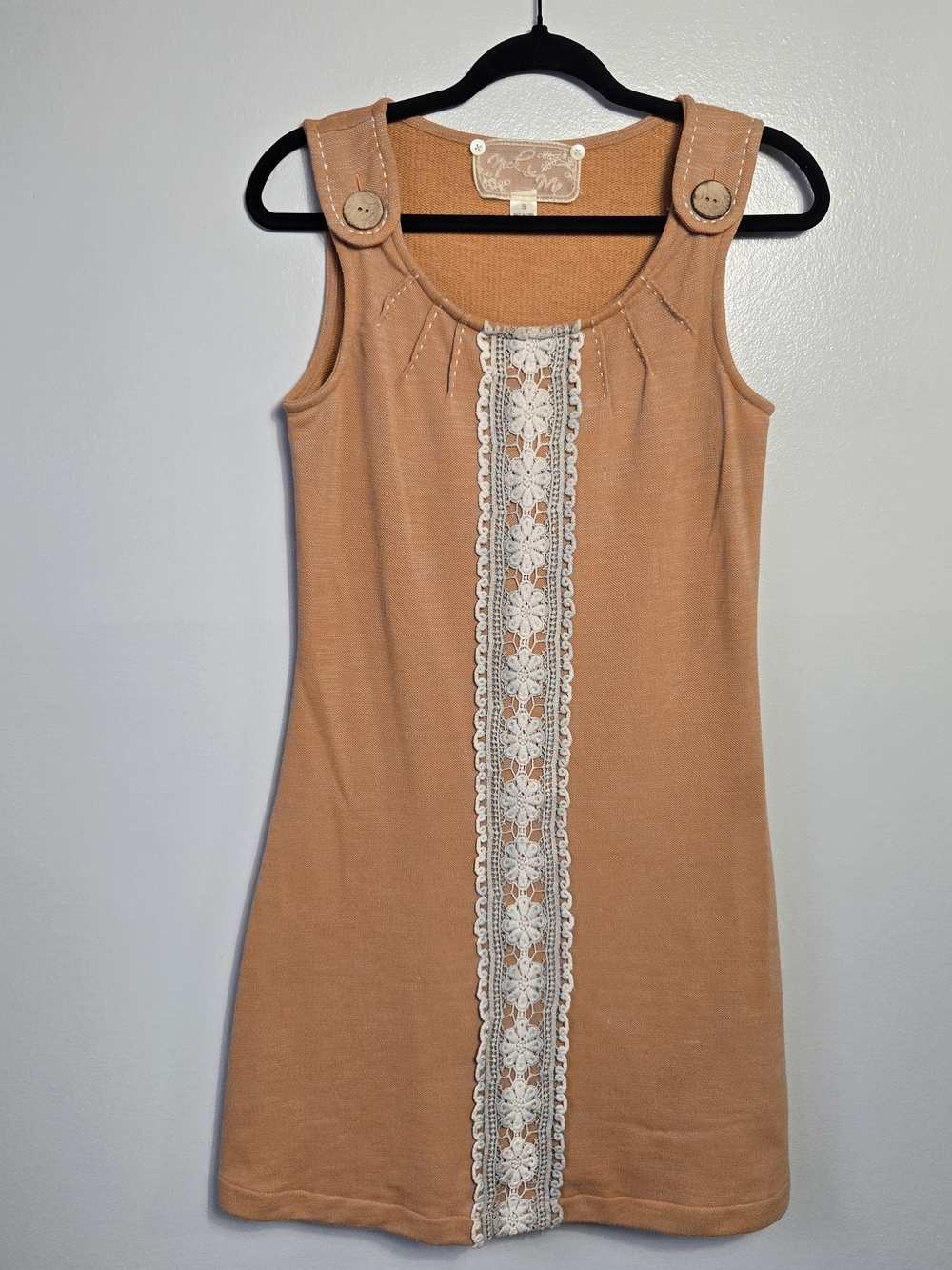 Nick & Mo Mustard Orange Knit Crochet Lace Trim Button Pinafore Dress 70s Small